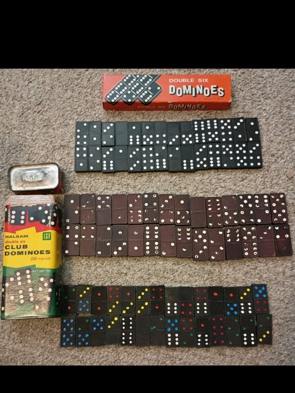 Set Of 3 (28 Piece) Vintage Dominoes Halsam Double Six Rainbow Dot W/Flaws